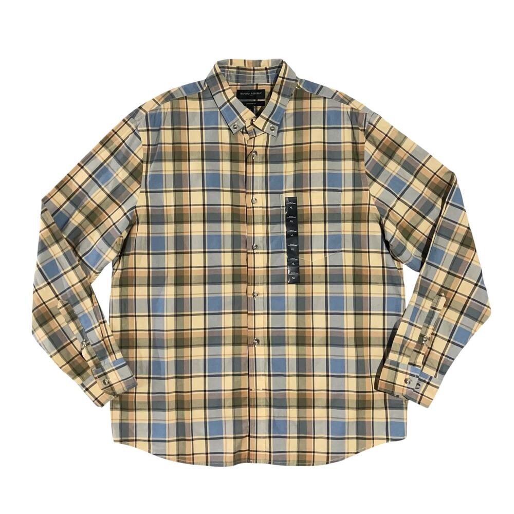 Banana Republic Slim Fit Untucked Button Down Plaid Shirt XL Tan Cotton Weekends